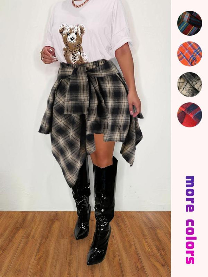 Asymmetrical Hem Skirt, Plaid Print Casual Knee Length Skirt for Fall & Winter, Women'S Bottoms for Daily Wear