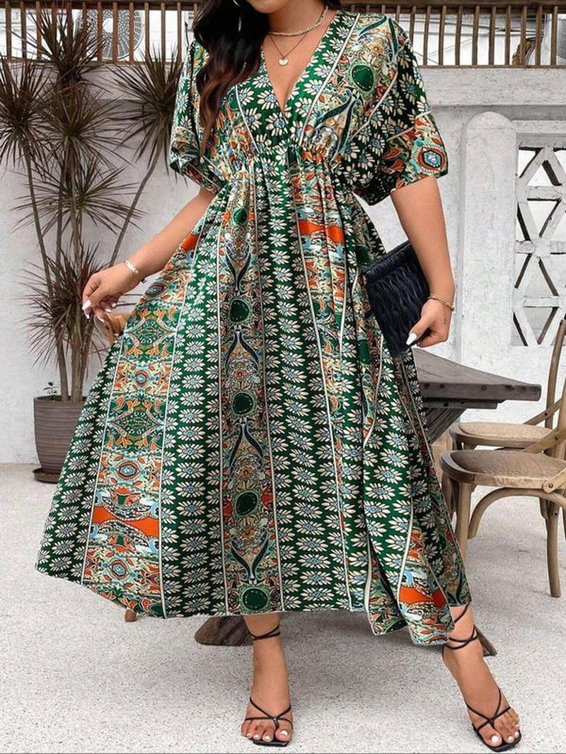 V Neck Vintage Dress, Boho Casual Floral Print Half Sleeve for Summer, plus Size Tummy Flattering Dresses