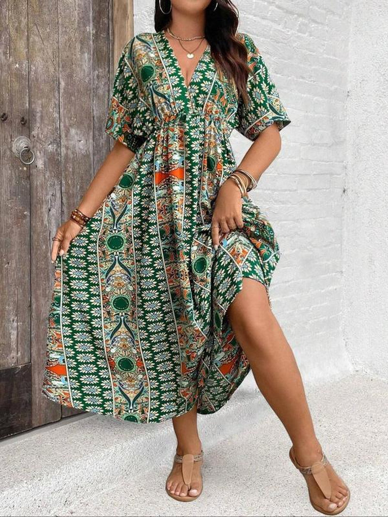 V Neck Vintage Dress, Boho Casual Floral Print Half Sleeve for Summer, plus Size Tummy Flattering Dresses