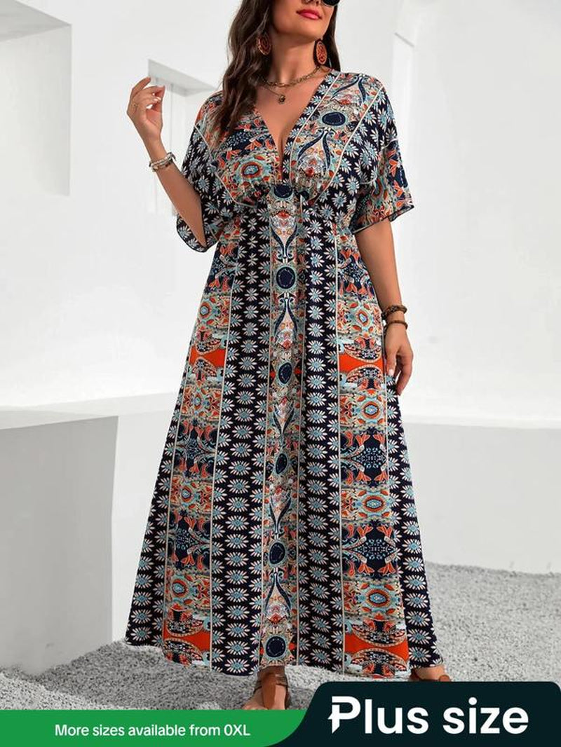 V Neck Vintage Dress, Boho Casual Floral Print Half Sleeve for Summer, plus Size Tummy Flattering Dresses