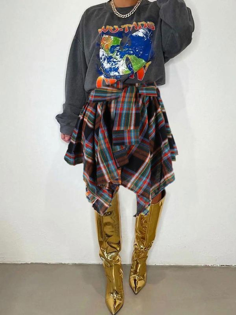 Asymmetrical Hem Skirt, Plaid Print Casual Knee Length Skirt for Fall & Winter, Women'S Bottoms for Daily Wear