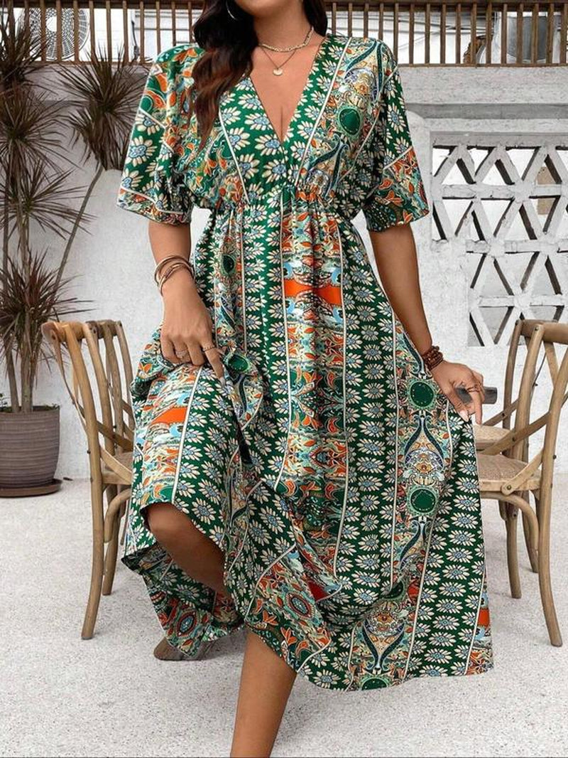 V Neck Vintage Dress, Boho Casual Floral Print Half Sleeve for Summer, plus Size Tummy Flattering Dresses
