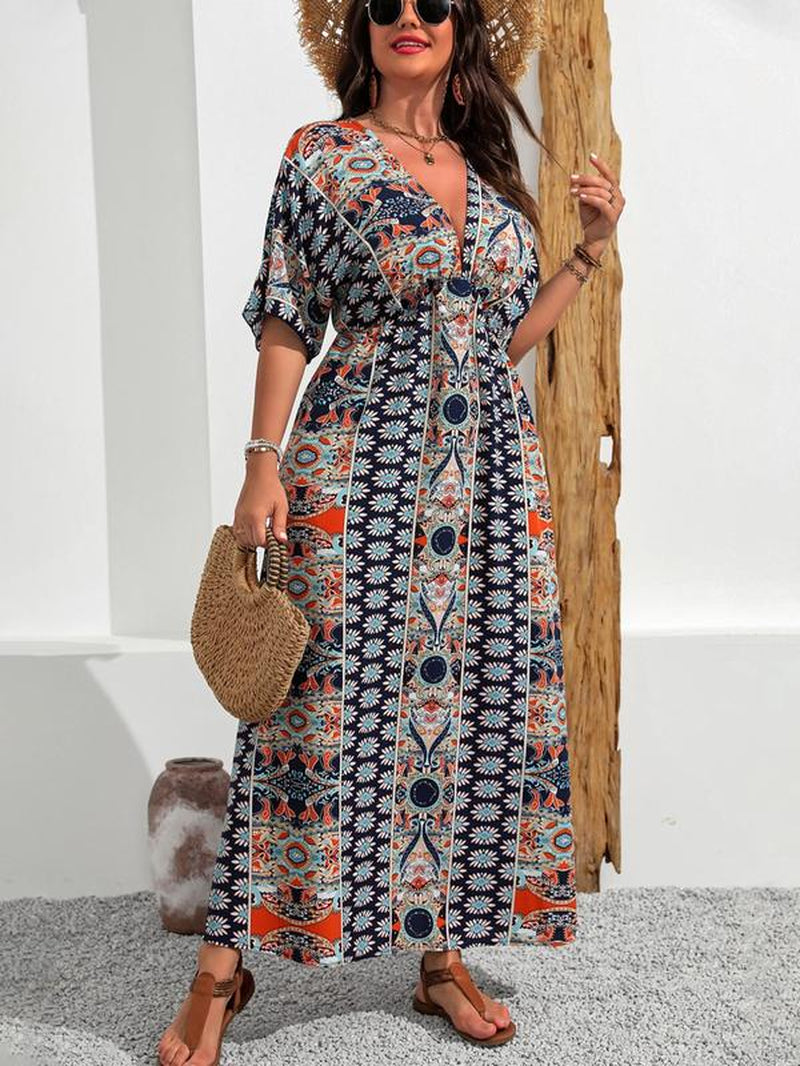 V Neck Vintage Dress, Boho Casual Floral Print Half Sleeve for Summer, plus Size Tummy Flattering Dresses