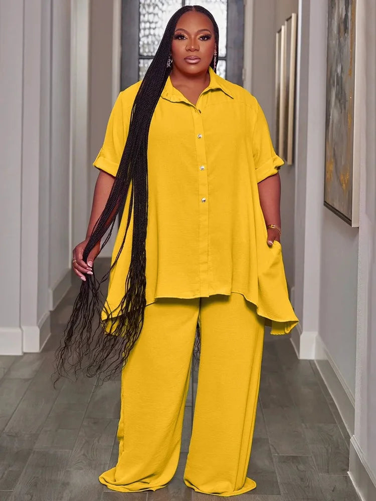 Two Piece Set 5XL Solid Button T Shirt Wide Leg Pants