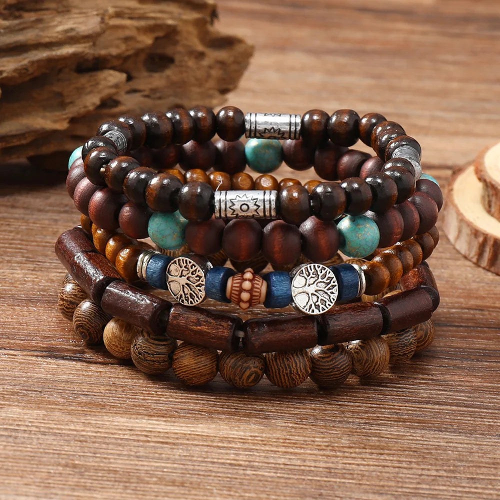 5Pcs/Set Vintage Bronze Wood Beads Feather Bracelets
