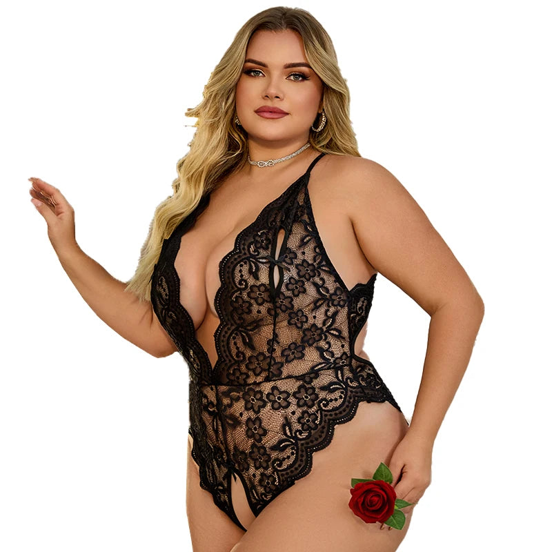 Plus Size Lace Bodysuit | Black Hollow-Out Crotchless One-Piece Lingerie (XL–4XL)