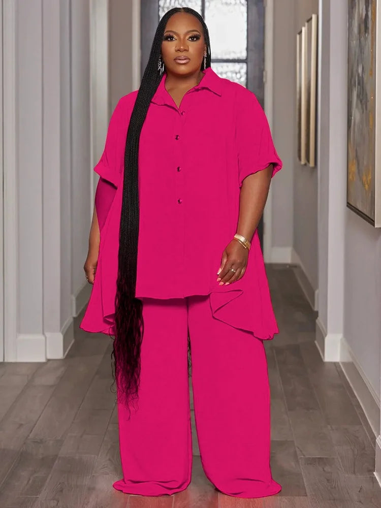 Two Piece Set 5XL Solid Button T Shirt Wide Leg Pants