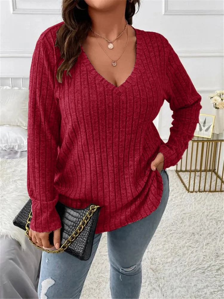 Plus Size Long Sleeve T-Shirt Casual Fashion V Neck Striped Knitted Tops