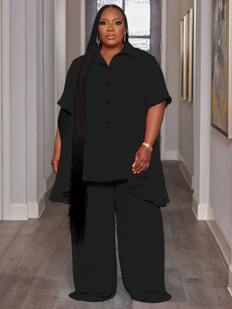 Two Piece Set 5XL Solid Button T Shirt Wide Leg Pants