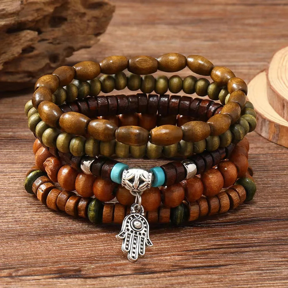 5Pcs/Set Vintage Bronze Wood Beads Feather Bracelets