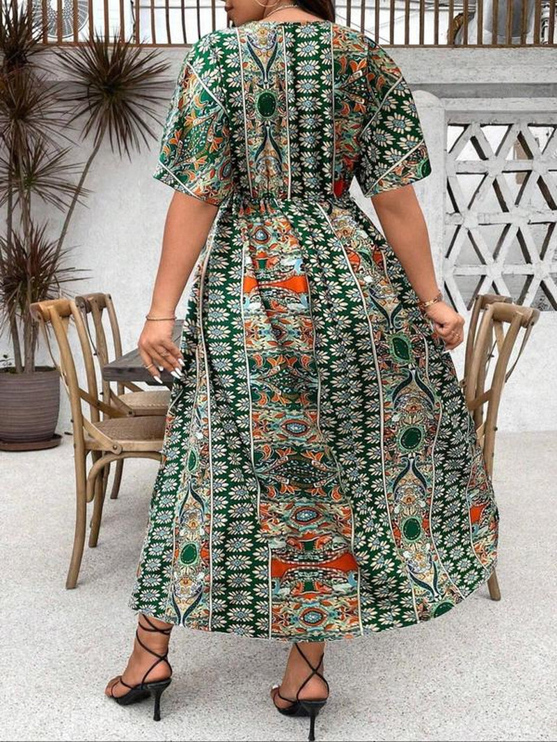 V Neck Vintage Dress, Boho Casual Floral Print Half Sleeve for Summer, plus Size Tummy Flattering Dresses