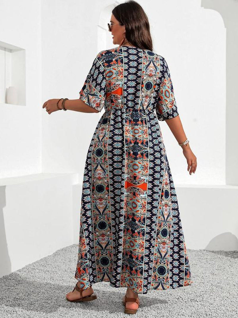 V Neck Vintage Dress, Boho Casual Floral Print Half Sleeve for Summer, plus Size Tummy Flattering Dresses