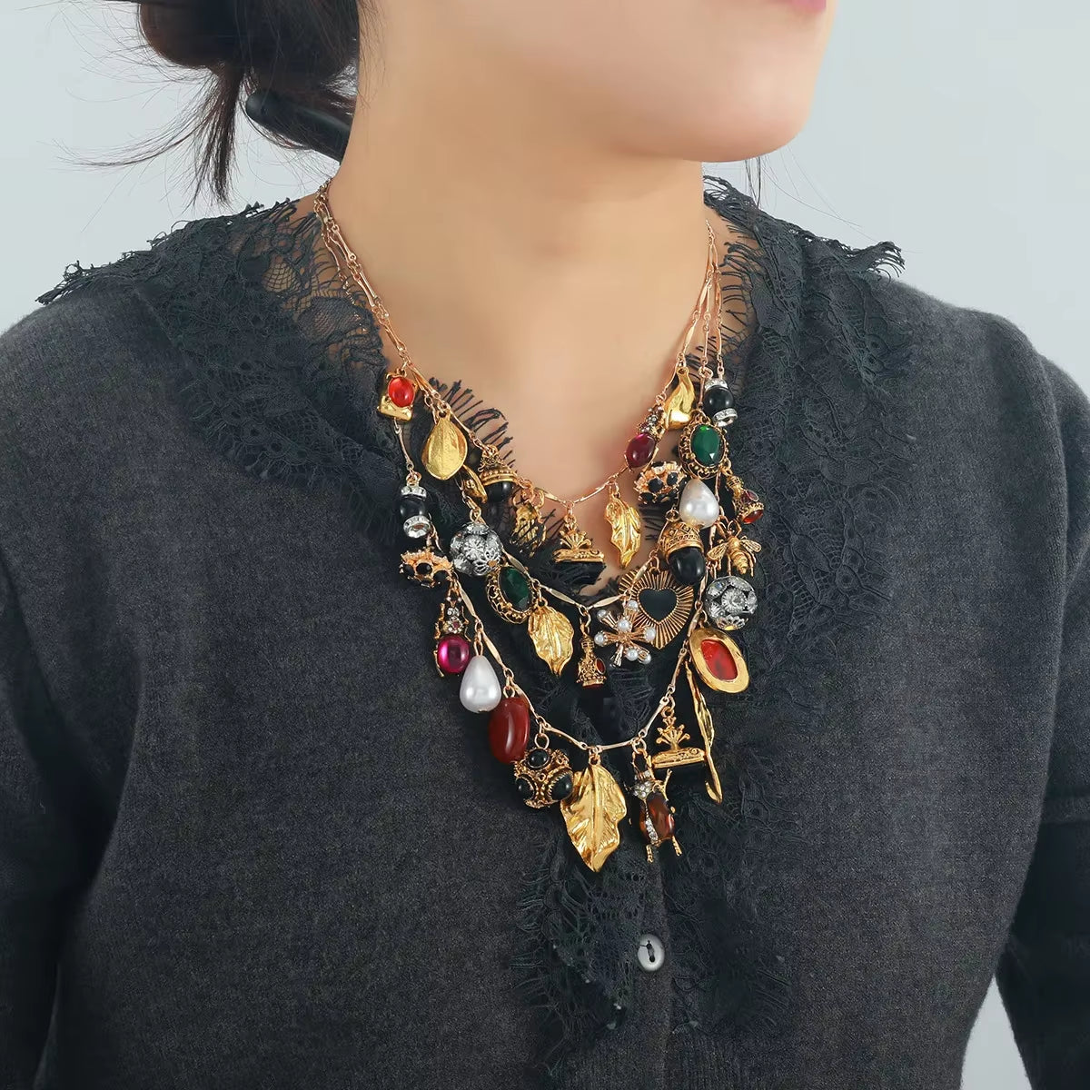 Multi Layer  Retro Insect Leaf Pendant Necklace