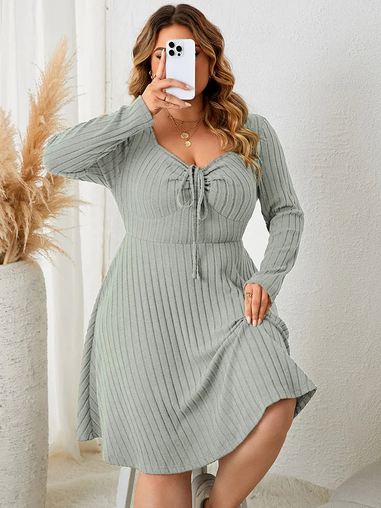 Curvy Sweetheart Neck A-Line Dress | Fall Vintage Ribbed Knit Elegance