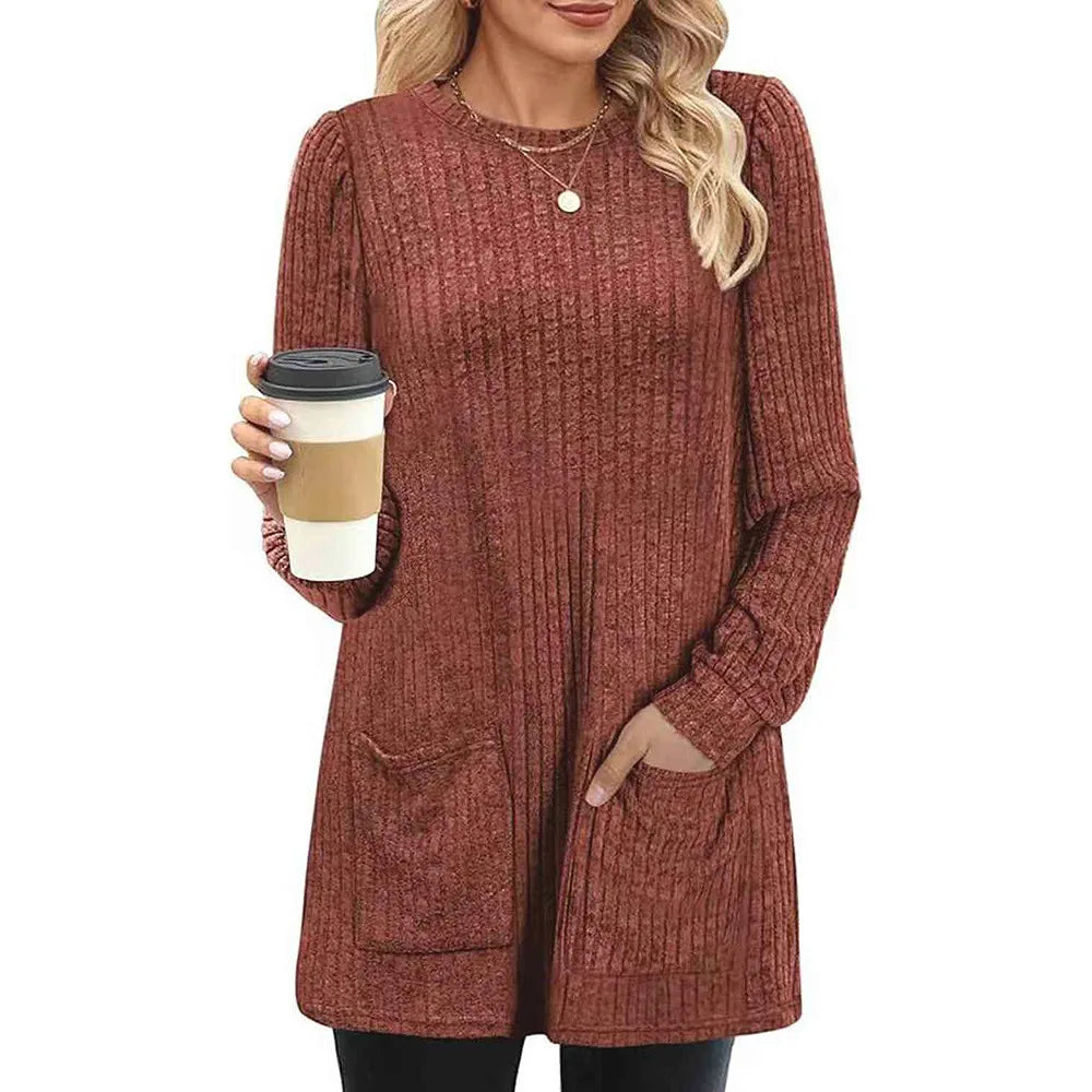 Cozy Mid-Length Pocket Sweater | 2024 Fall-Winter Solid Knit Gown