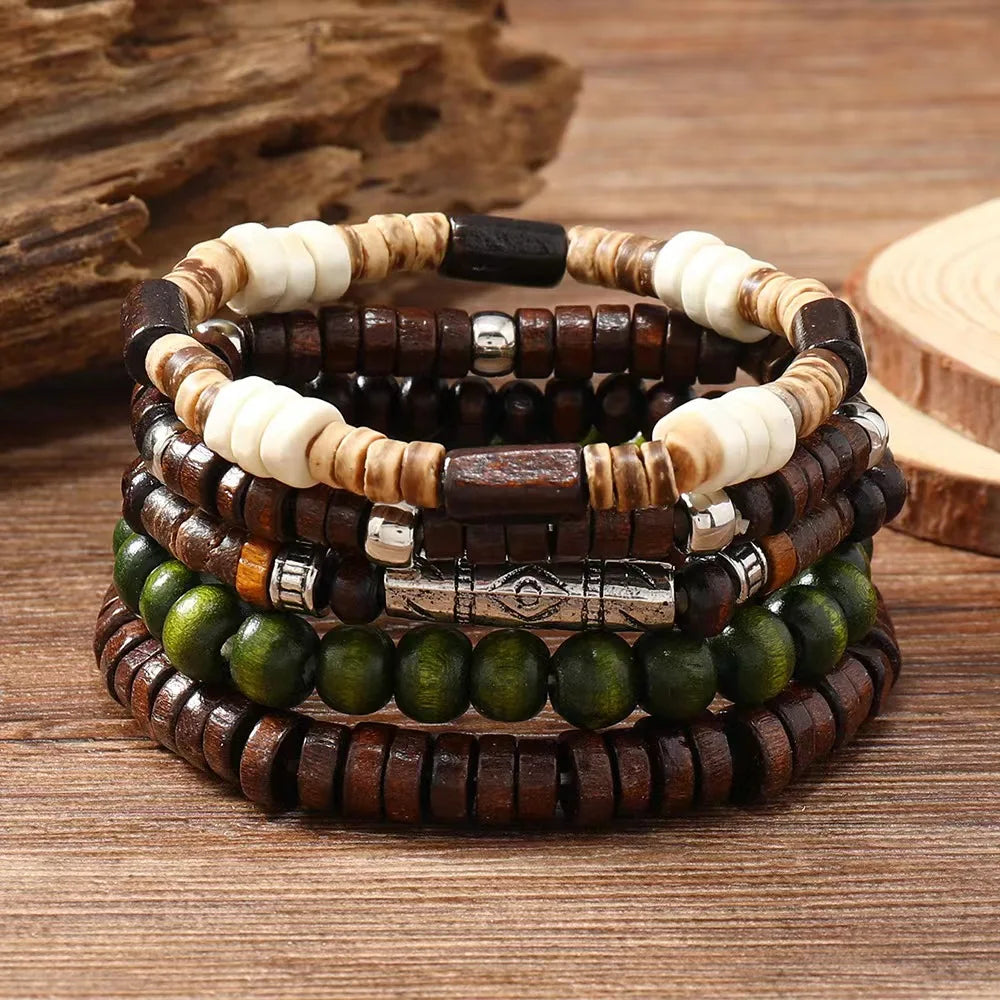  5Pcs/Set Vintage Bronze Wood Beads Feather Bracelets 