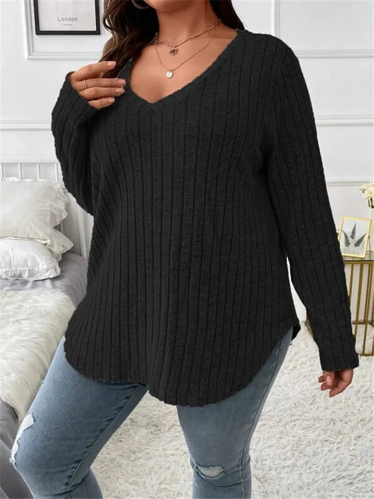 Plus Size  Long Sleeve T-Shirt Casual Fashion V Neck Striped Knitted Tops 