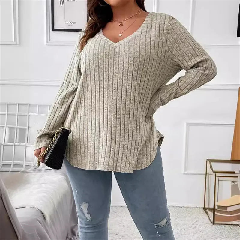 Plus Size  Long Sleeve T-Shirt Casual Fashion V Neck Striped Knitted Tops 