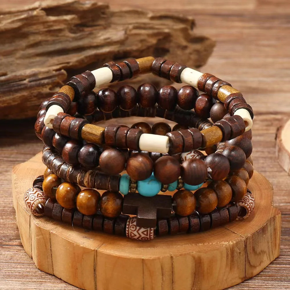  5Pcs/Set Vintage Bronze Wood Beads Feather Bracelets 