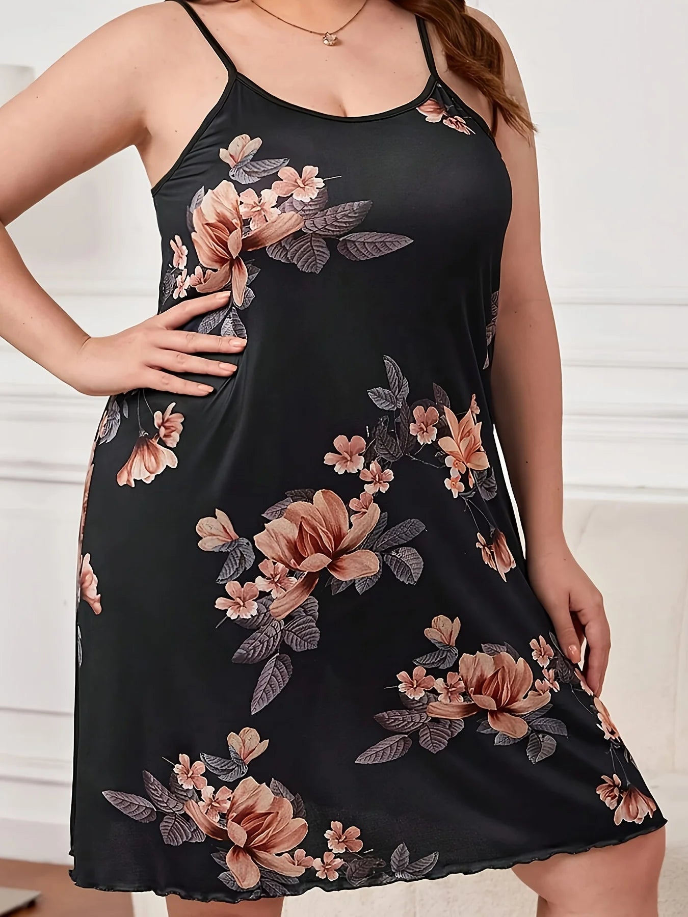 Plus Size Floral Milk Silk Nightdress | Loose Fit Summer Sling Dress with Ruffle Trim