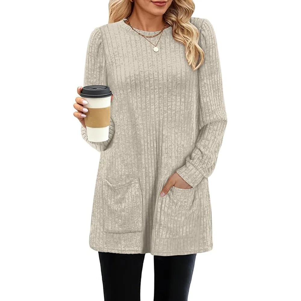 Cozy Mid-Length Pocket Sweater | 2024 Fall-Winter Solid Knit Gown