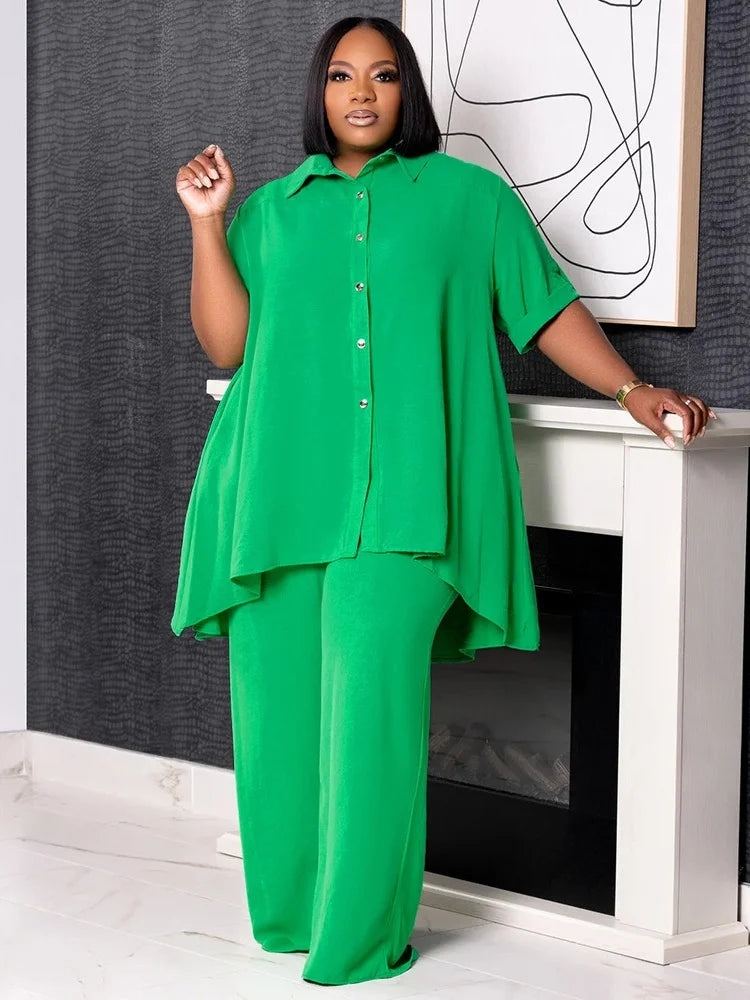 Two Piece Set 5XL  Solid Button T Shirt Wide Leg Pants