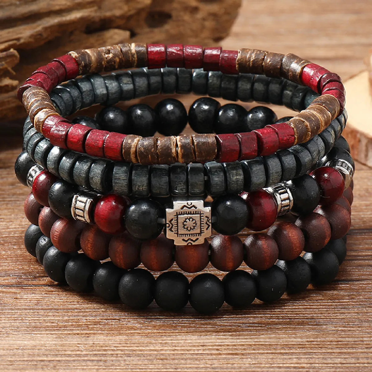  5Pcs/Set Vintage Bronze Wood Beads Feather Bracelets 