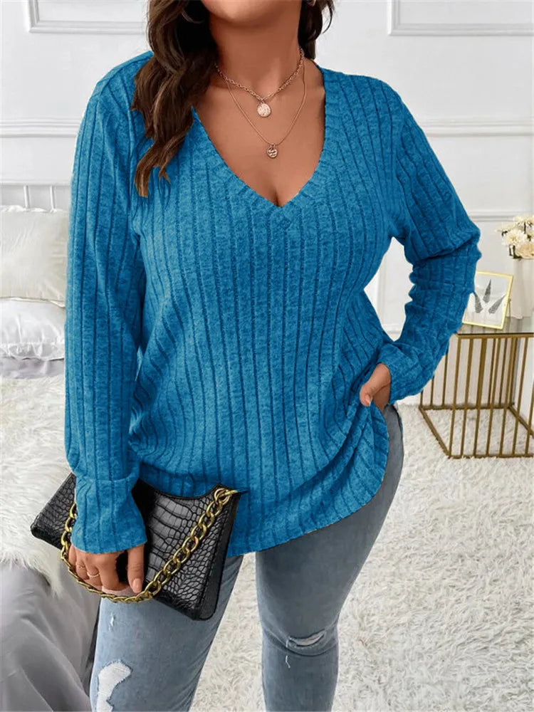 Plus Size  Long Sleeve T-Shirt Casual Fashion V Neck Striped Knitted Tops 