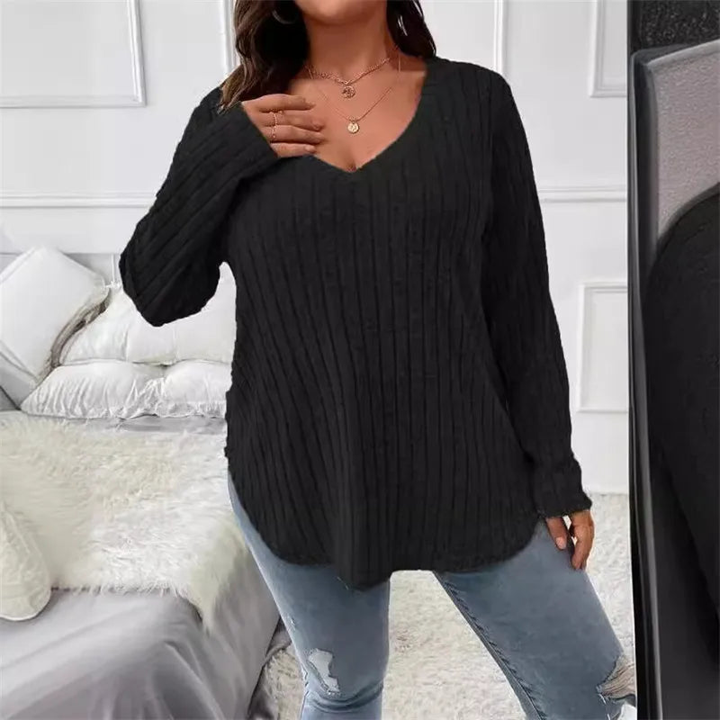 Plus Size  Long Sleeve T-Shirt Casual Fashion V Neck Striped Knitted Tops 