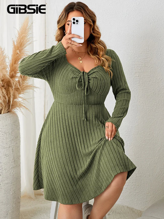 Curvy Sweetheart Neck A-Line Dress | Fall Vintage Ribbed Knit Elegance