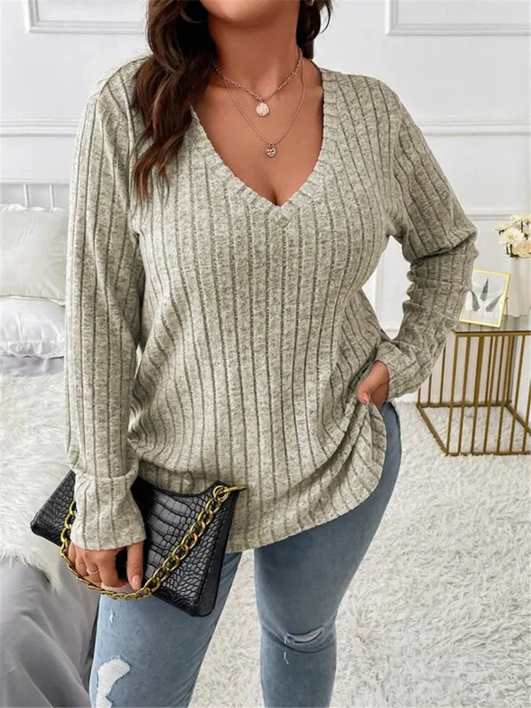Plus Size  Long Sleeve T-Shirt Casual Fashion V Neck Striped Knitted Tops 