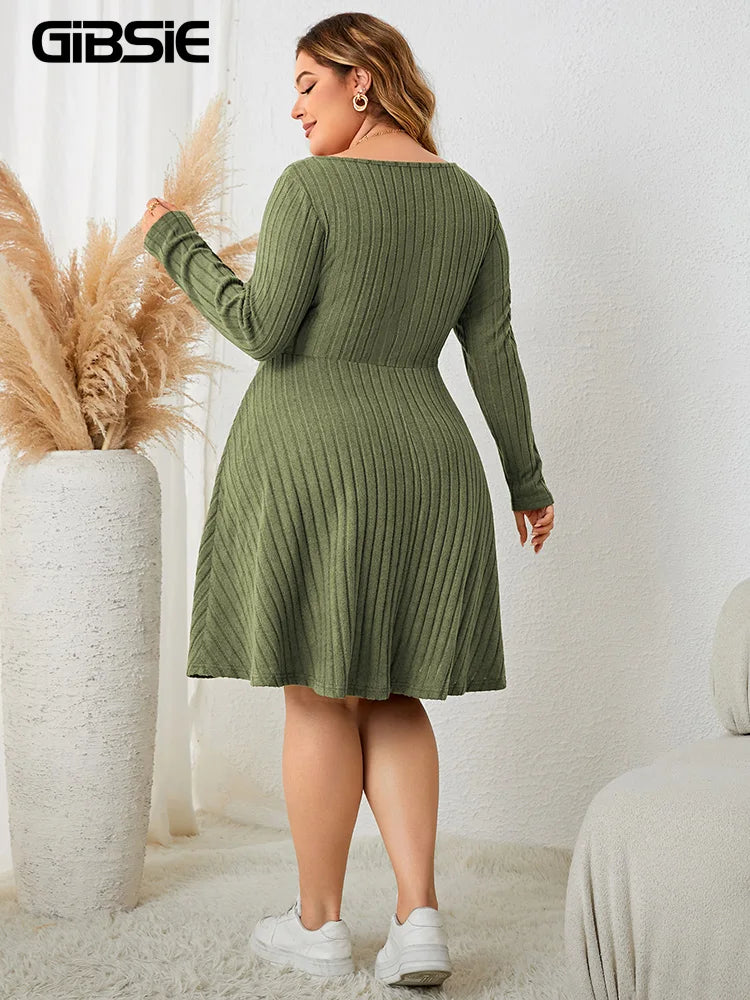 Curvy Sweetheart Neck A-Line Dress | Fall Vintage Ribbed Knit Elegance