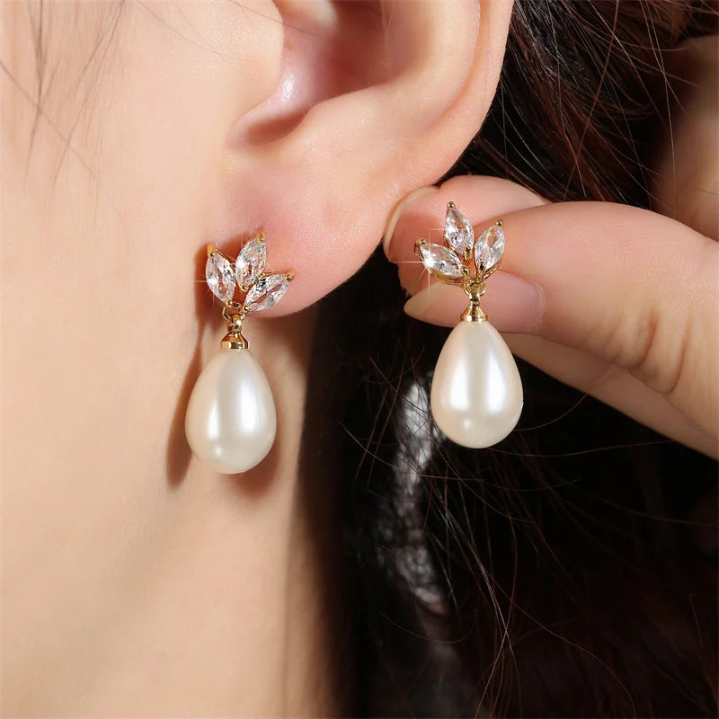 Marquise Zirconia CZ Stone  Earrings for Women Delicate Irregular Pearls Bridal Wedding Jewelry Birthday Gift