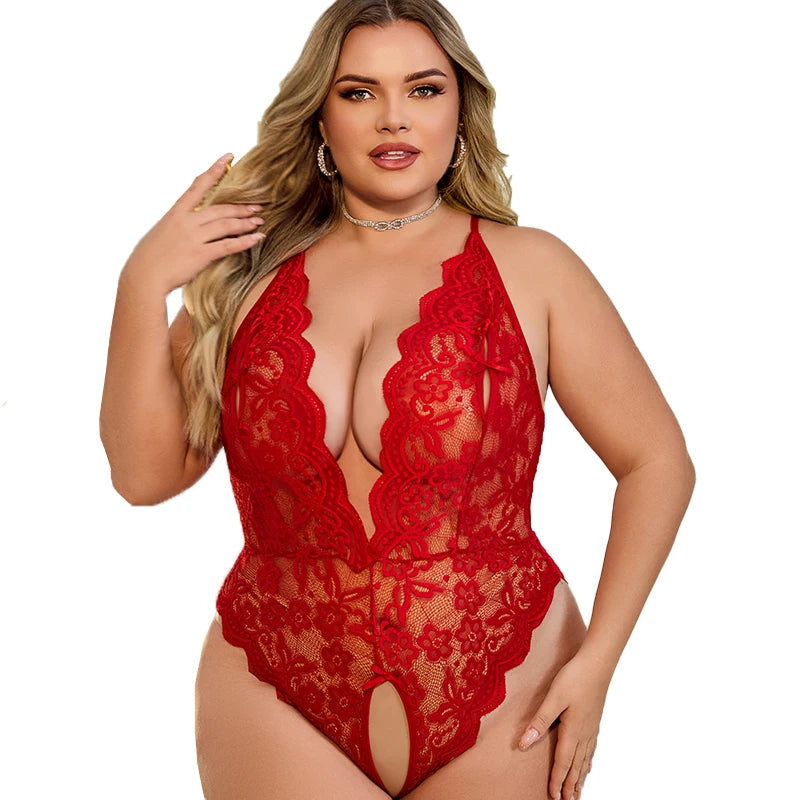 Plus Size Lace Bodysuit | Black Hollow-Out Crotchless One-Piece Lingerie (XL–4XL)