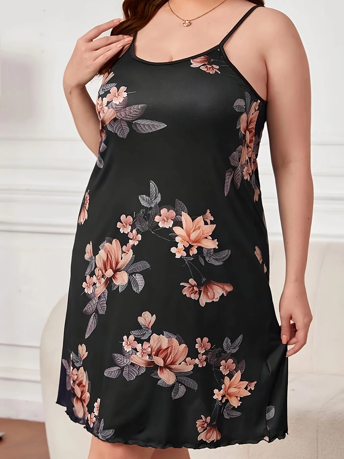Plus Size Floral Milk Silk Nightdress | Loose Fit Summer Sling Dress with Ruffle Trim