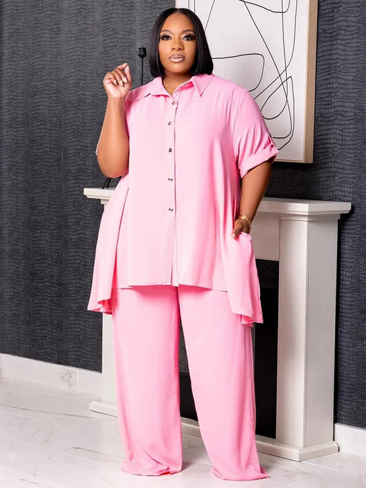 Two Piece Set 5XL  Solid Button T Shirt Wide Leg Pants