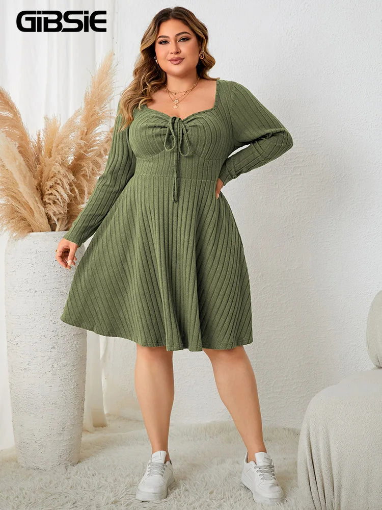 Curvy Sweetheart Neck A-Line Dress | Fall Vintage Ribbed Knit Elegance