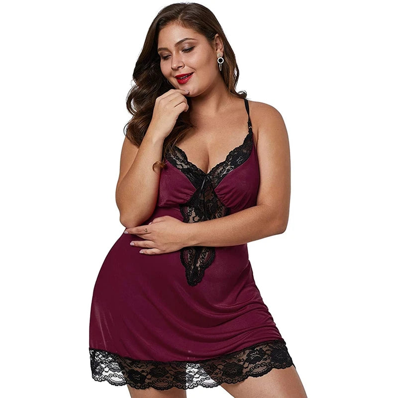 Plus Size Satin Lace Nightdress | Spaghetti Strap Sleepwear Set for Women