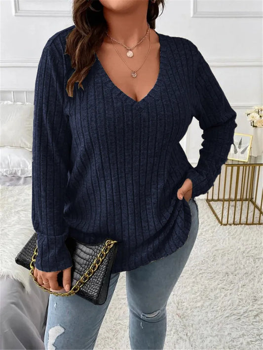Plus Size  Long Sleeve T-Shirt Casual Fashion V Neck Striped Knitted Tops 