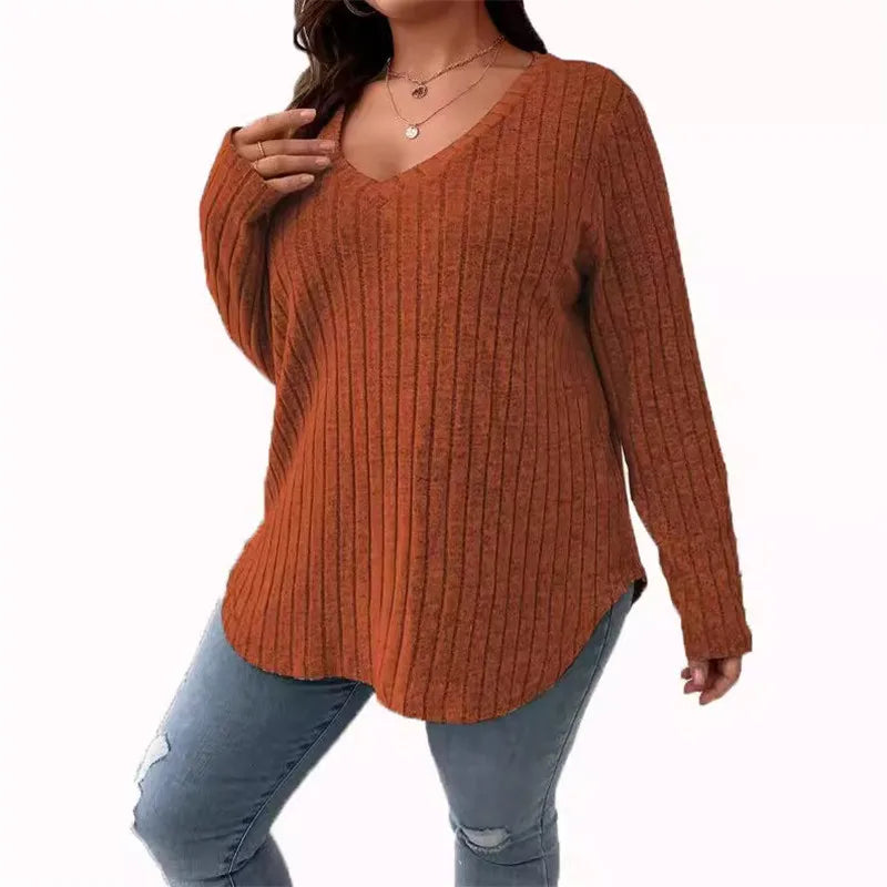 Plus Size  Long Sleeve T-Shirt Casual Fashion V Neck Striped Knitted Tops 
