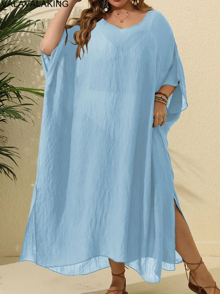 Plus Size Beach Cover-Up Dress | Short Sleeve Solid Tunic for Curvy Women (2025 Collection)