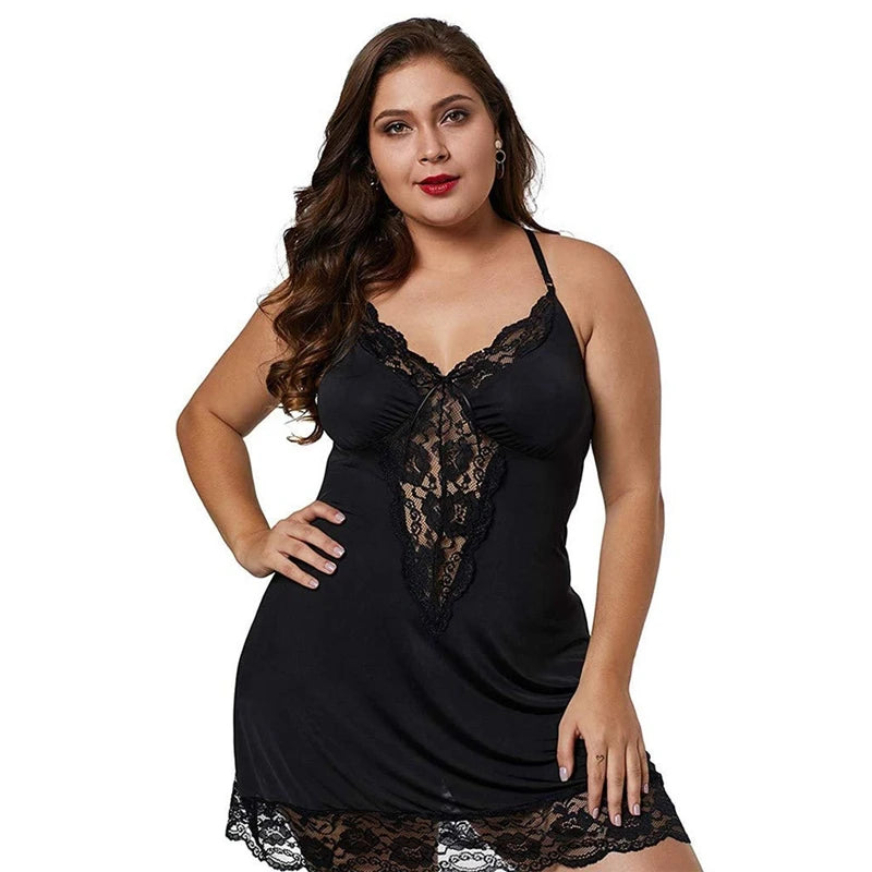 Plus Size Satin Lace Nightdress | Spaghetti Strap Sleepwear Set for Women