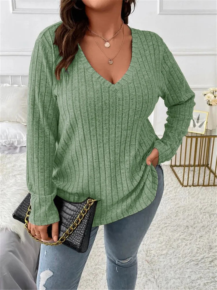 Plus Size  Long Sleeve T-Shirt Casual Fashion V Neck Striped Knitted Tops 