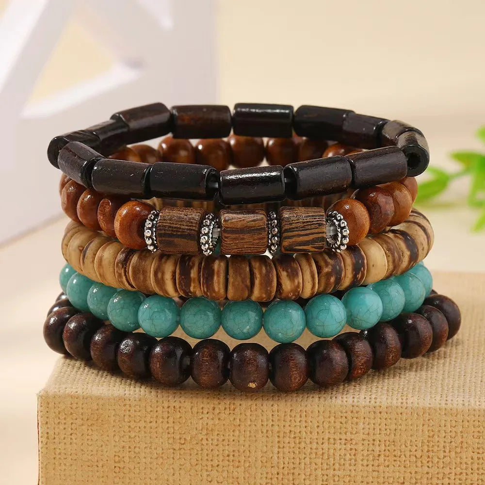  5Pcs/Set Vintage Bronze Wood Beads Feather Bracelets 