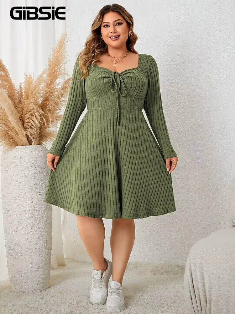 Curvy Sweetheart Neck A-Line Dress | Fall Vintage Ribbed Knit Elegance