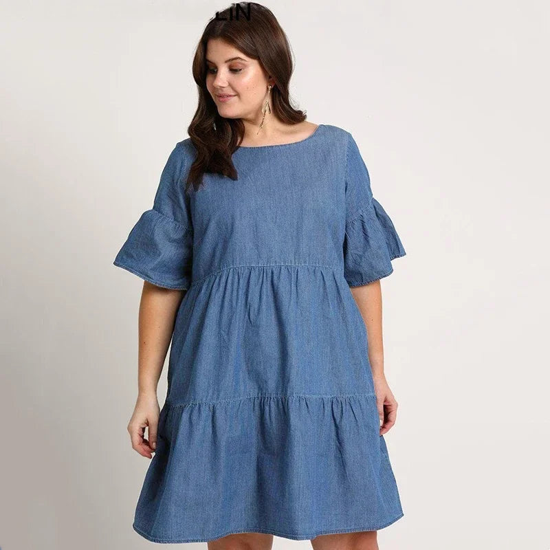 Plus Size Summer Dress  Neck Loose Knee Length Smock Dress