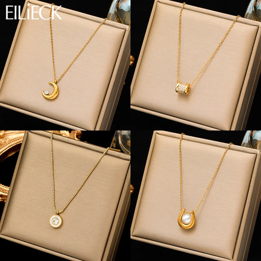 Stainless Steel Moon Pearl  Pendant Necklace 