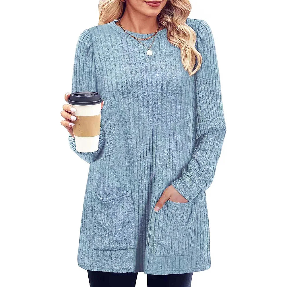 Cozy Mid-Length Pocket Sweater | 2024 Fall-Winter Solid Knit Gown