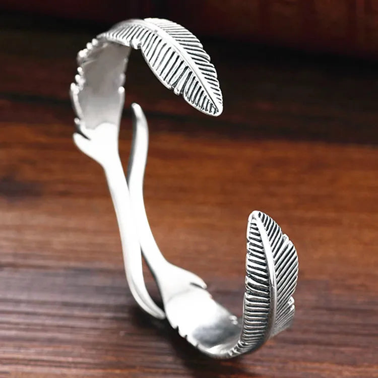 Silver Bangle Feather Leaf 