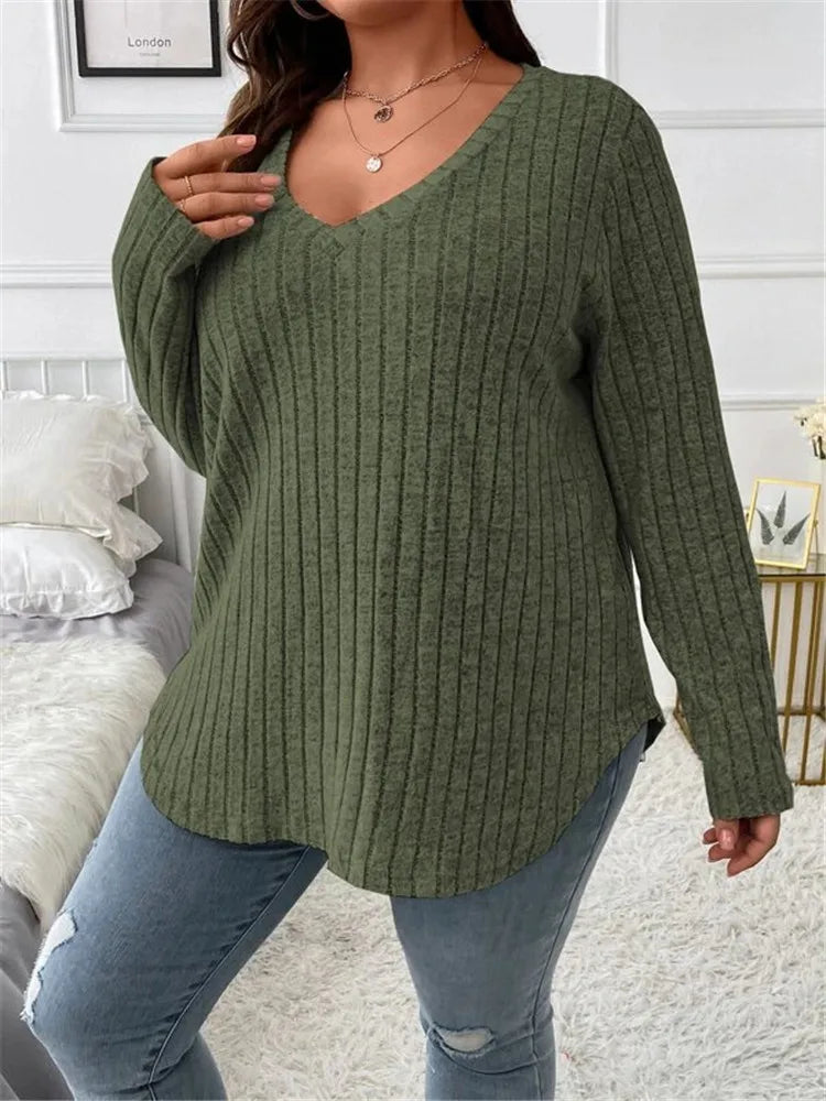Plus Size  Long Sleeve T-Shirt Casual Fashion V Neck Striped Knitted Tops 